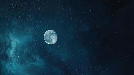 Fototapeta premium A full moon in the foreground surrounded by stars in the dark blue background sky
