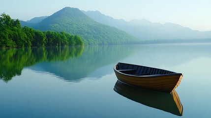 Obraz premium A peaceful lakeside scene with calm water, reflections of the surrounding mountains, and a small boat drifting