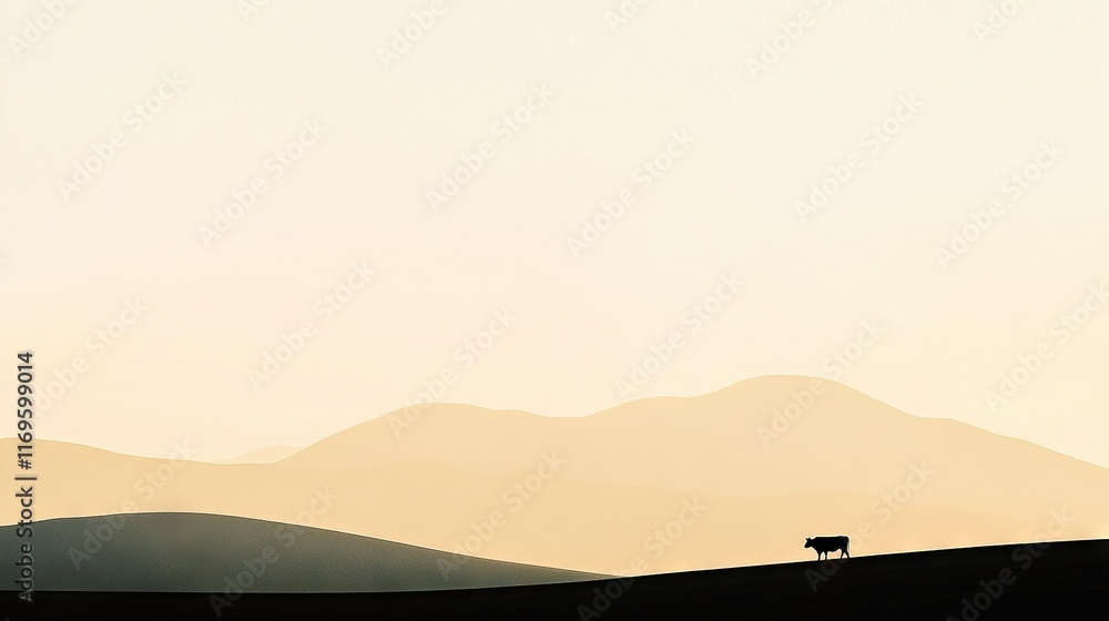 Poster lone cow in field with mountain range in background and hazy sky