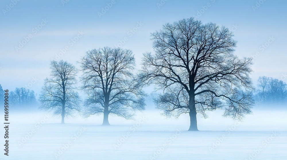 Poster a snow-covered field with trees standing in the middle, surrounded by a hazy sky