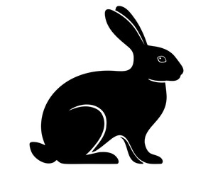 Minimalist black bunny silhouette with flowing curves and sharp details isolated on white background. Ideal for nature, Easter, or animal themed creative projects.