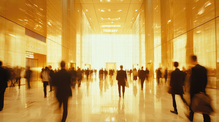 Business professionals navigate a modern office lobby illuminated by warm golden light during a busy workday
