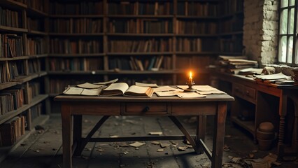 Antique Library Desk with Open Books and Candlelight