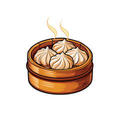 A realistic vector illustration of a bamboo steamer with four steaming xiaolongbao dumplings.