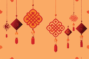 Red and gold vector design for Chinese New Year, featuring hanging ornaments with tassels.