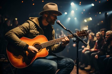 Obraz premium Acoustic Guitar Performance at a Live Music Venue. Generative ai