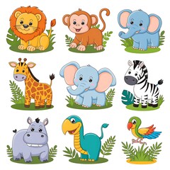 Playful Jungle Animals Emoji Set 10 Fun Creatures on a Crisp White Background