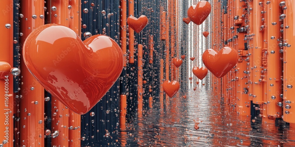 Poster floating heart-shaped figures create a whimsical atmosphere in an abstract cityscape with vibrant co
