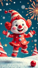 Christmas and New year background with A cartoon clown is jumping in the air with a red ball in his hand. The image has a festive and playful mood, as the clown is dressed in red and surrounded by sno