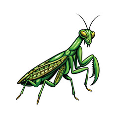 Side view vector illustration of a praying mantis with intricate details.
