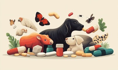 Obraz premium Animals, pills, insects, plants; a vibrant scene.