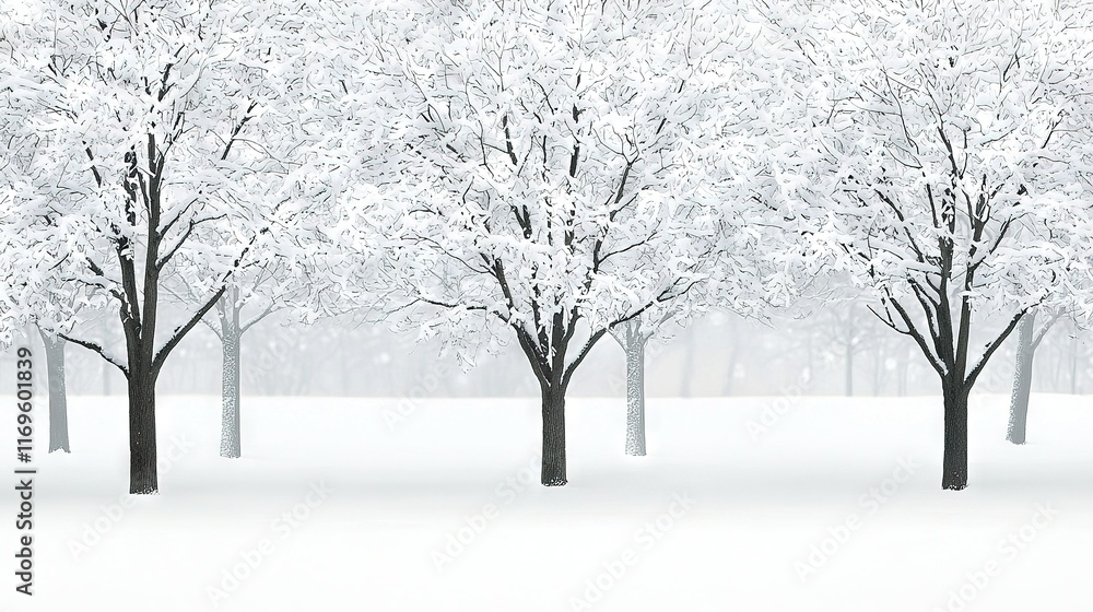 Poster a row of snow-covered trees in a snow-covered park with a bench in the foreground and a foggy sky in