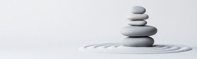 A background of a zen garden meditation area with stones and patterns in the sand, symbolizing relaxation, balance, harmony, and spiritual or spa wellness.