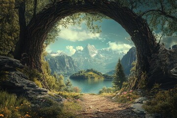 Mountain lake viewed through tree arch, path leads to water.