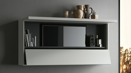 Modern wall shelf with decorative items and electronics.