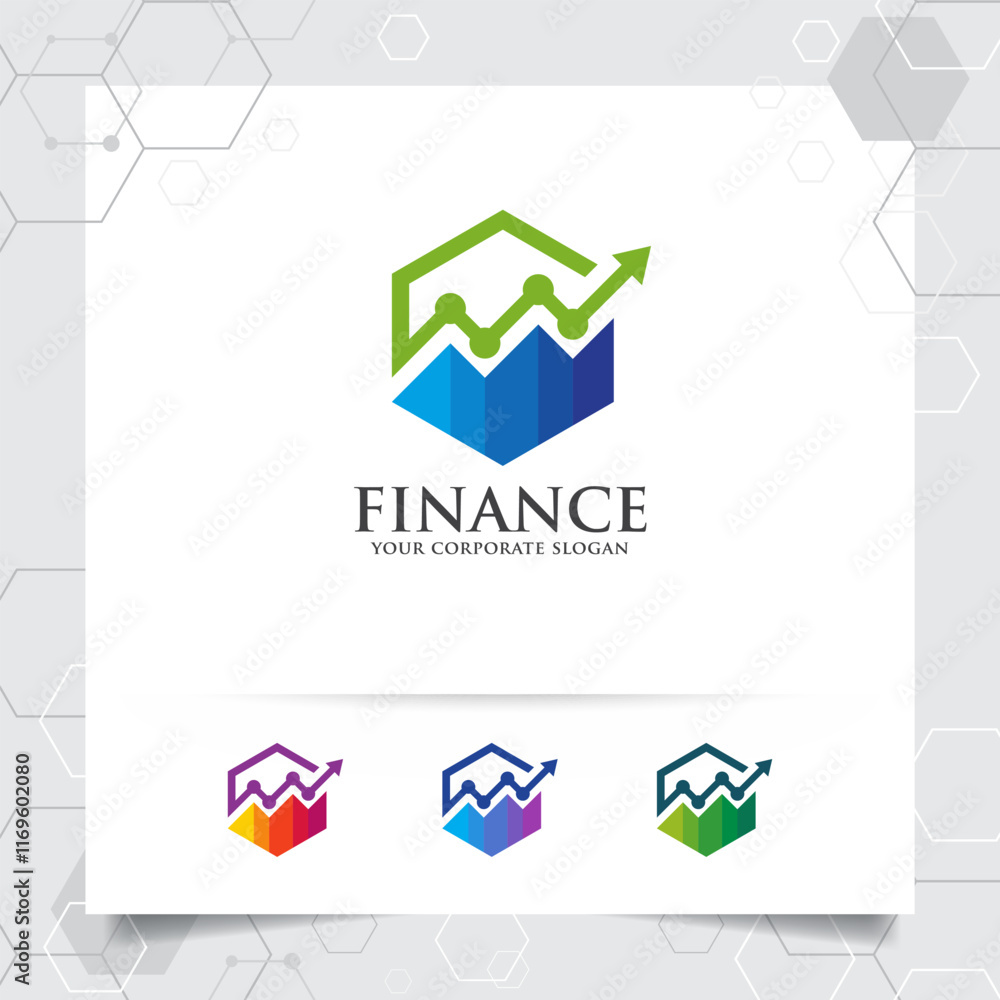 Poster business finance logo design with arrow vector and statistic symbol for investment ,data analyst ,fi