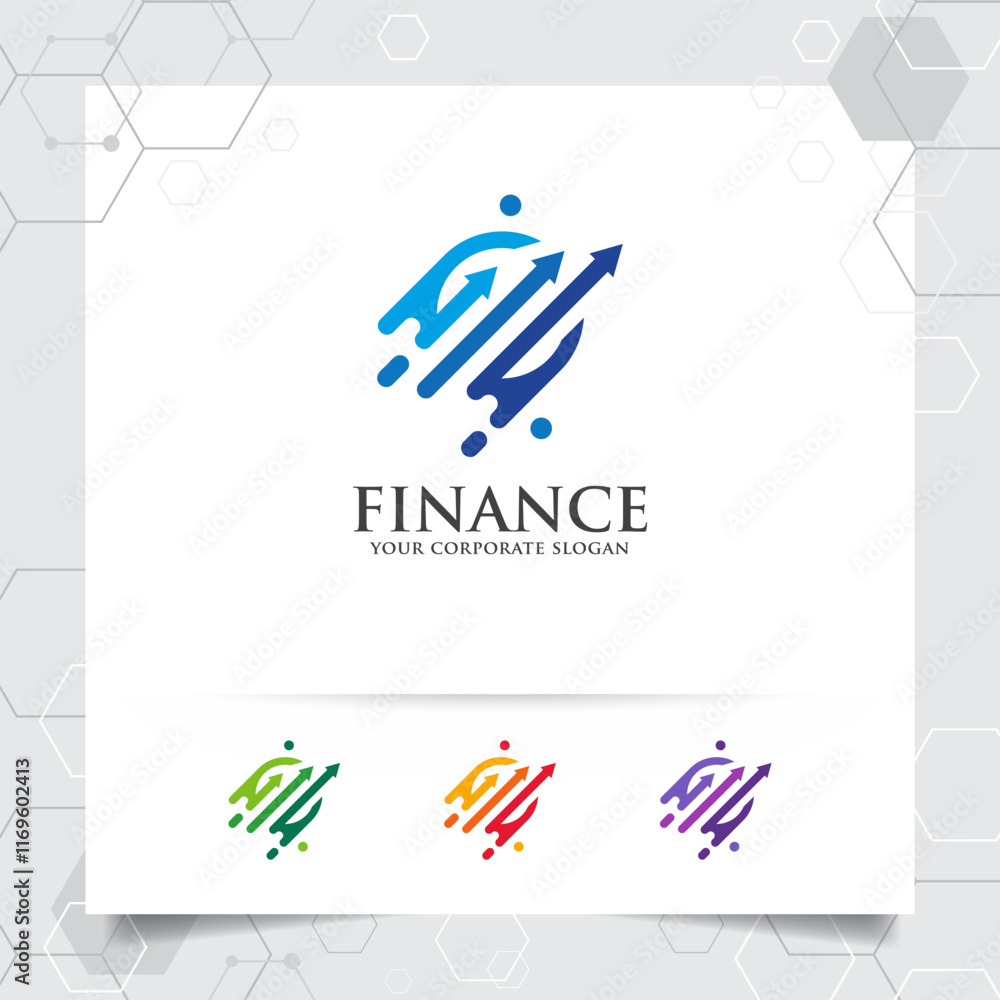 Poster business finance logo design with arrow vector and statistic symbol for investment ,data analyst ,fi