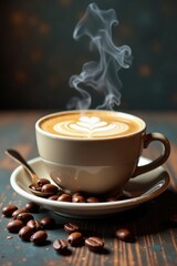 Steaming latte, roasted coffee beans scattered nearby , brown, cup, drink