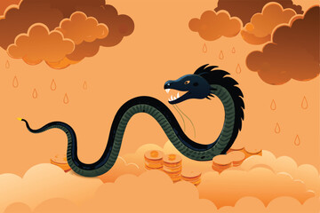 A black snake with a dragon head slithering through a dragon-shaped cloud with orange rain falling from the cloud above.