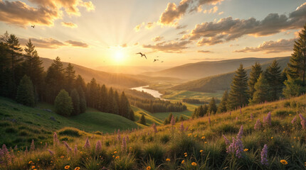 Weitblick in unberührter und idyllischer Natur: Fluss und Wasserstellen in umgeben von Bäumen bei warmen Sonnenuntergang am Horizont