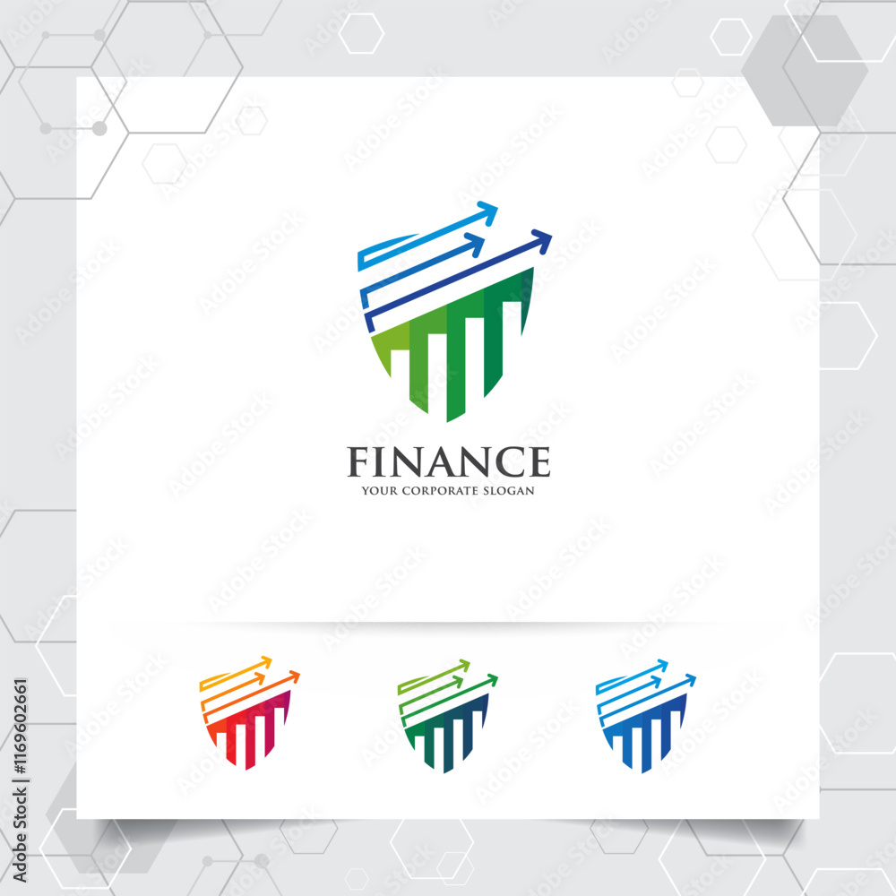 Poster business finance logo design with arrow vector and statistic symbol for investment ,data analyst ,fi