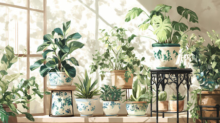 Vintage charm abundant houseplants flourishing in decorative ceramic planters on a rustic wroughtiron plant stand in a sundappled room. Wroughtiron. Illustration