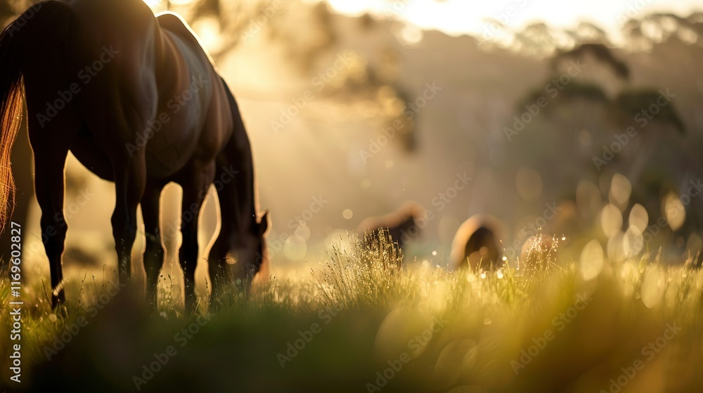 Poster a picture of a horse eating in a field of green with sunlight filtering through tall trees behind it