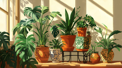 Vintage charm set lush houseplants in ornate ceramic pots on a wroughtiron plant stand in a sundappled room. Wroughtiron. Illustration