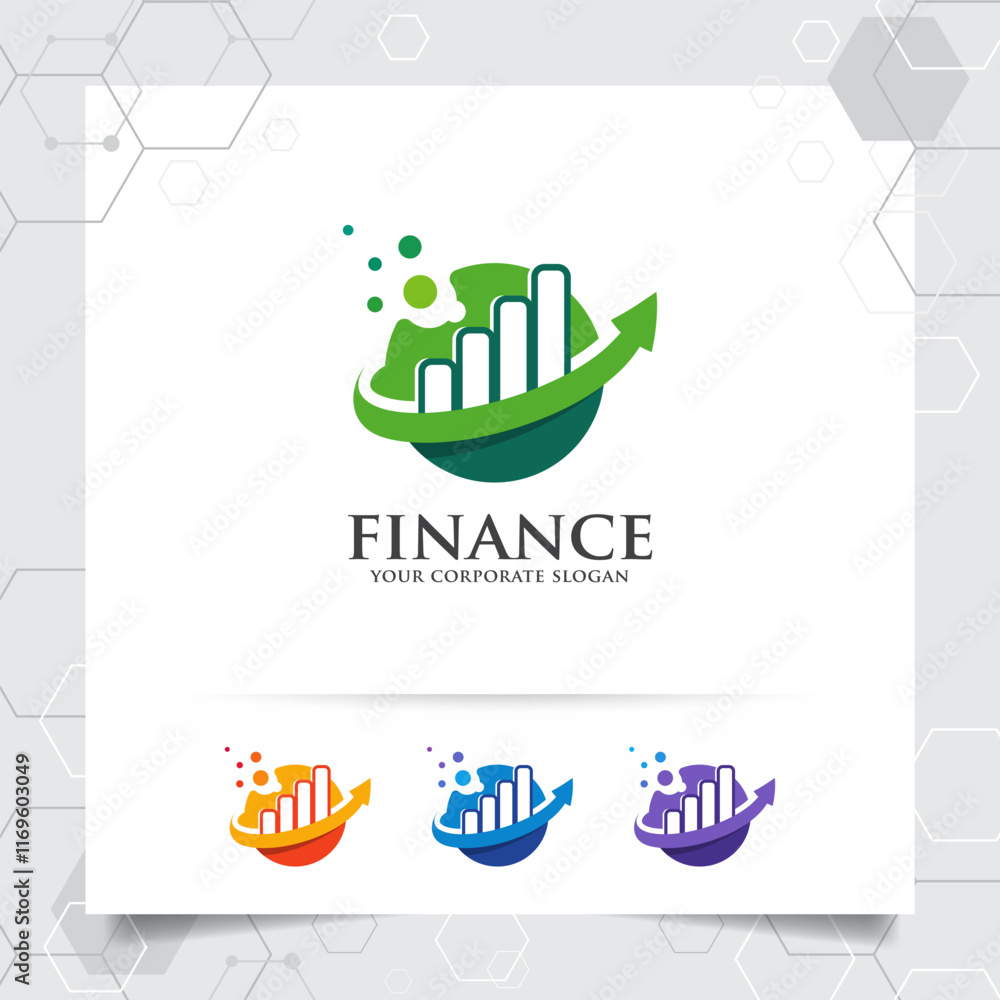 Poster finance logo marketing design with arrow vector and statistic symbol for investment ,data analyst ,f