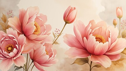 Elegant Pink Peonies and Tulips Floral Art