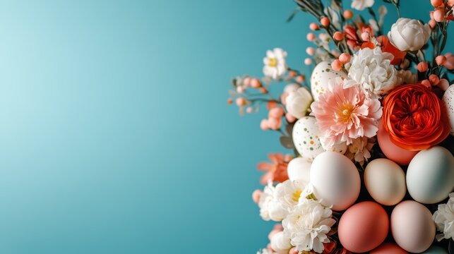 A charming floral design featuring various flowers and Easter eggs, creating a vibrant and spirited atmosphere that captures the essence of spring festivities and joy.