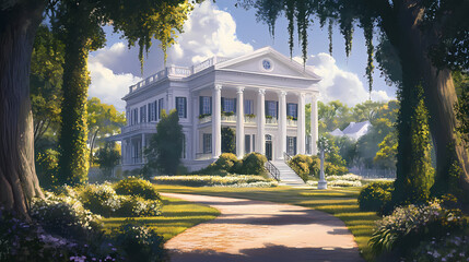 White antebellum mansion with columns and lush green foliage. Wroughtiron. Illustration