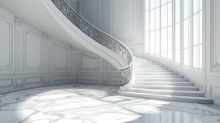White marble staircase in an elegant mansion interior. Wroughtiron. Illustration