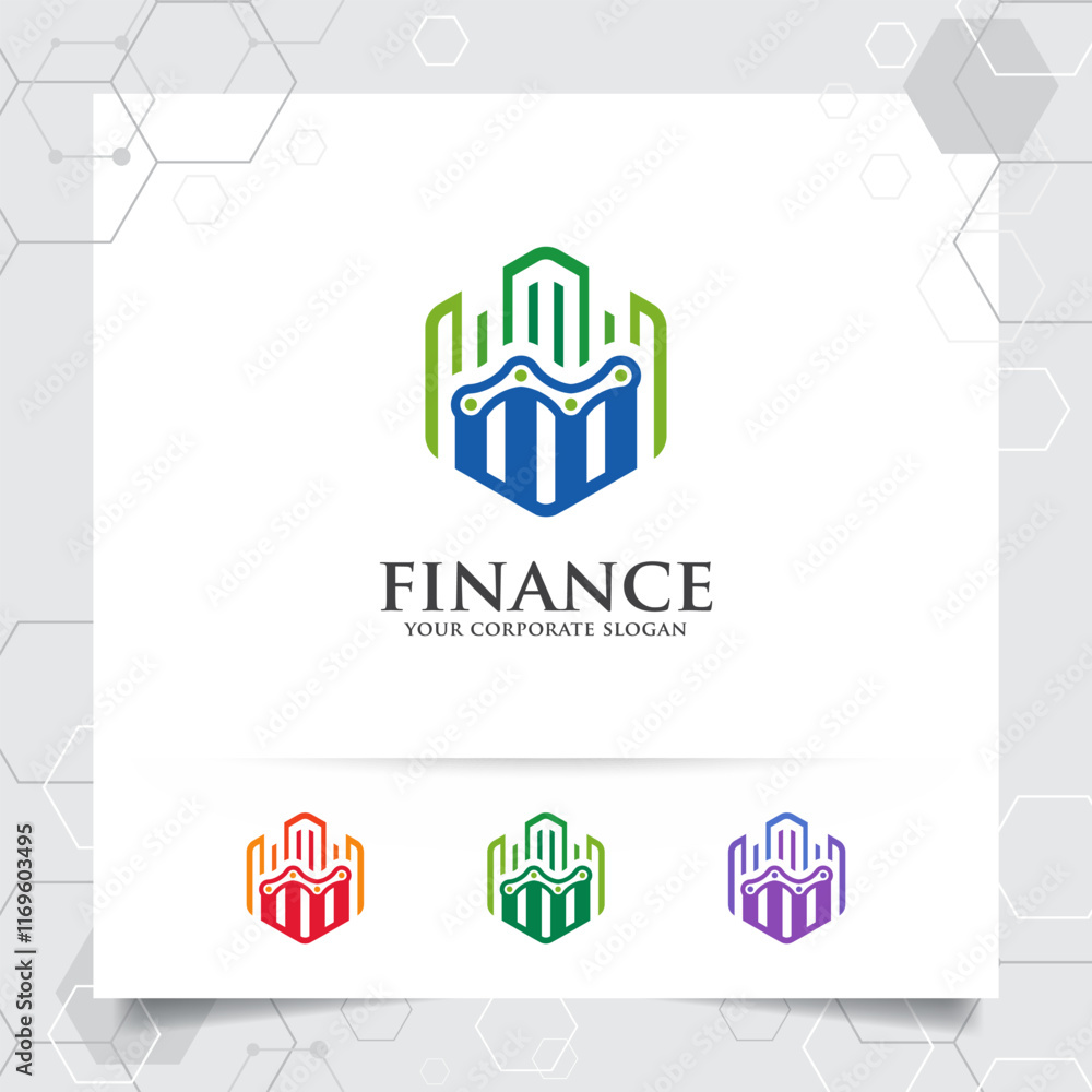 Poster finance logo marketing design with arrow vector and statistic symbol for investment ,data analyst ,f