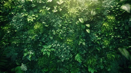 Lush green vertical garden filled with diverse tropical plants and vibrant foliage, creating a natural and calming atmosphere
