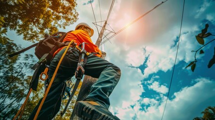 Obraz premium Electrical Worker Climbing Utility Pole with Safety Gear. Generative ai