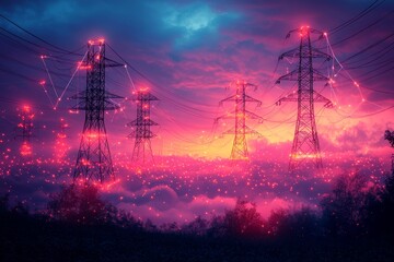 Modern AIdriven energy grid management, visually enhanced by cool colors and digital art, presents a detailed tech and energy network