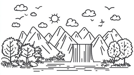 Mountain Waterfall Scene With Birds And Trees