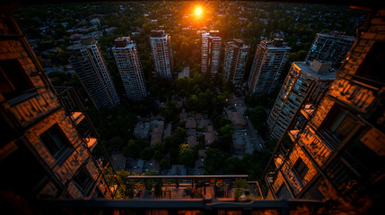 Fototapeta premium Sunset view from high-rise balcony overlooking city buildings and houses.
