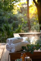 Obraz premium Experience relaxation in a serene hot tub surrounded by nature at sunset with towels and essential oils