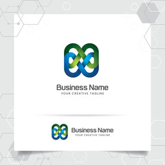 Infinity logo design in blue and green modern color style gradient. A connected symbol with bold line vector.