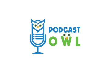 Microphone and owl logo design, podcast logo design, creative logo design, template, symbol, icon, idea. Vector illustration.