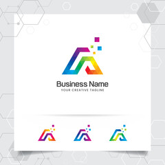 Digital logo design vector letter A concept with modern colorful pixel for technology, software, studio, app, and business.