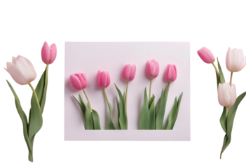 Paper cut made of pink background and tulips isolated on transparent background