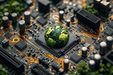 Green technology embodies the concept illustrated by a green world icon on a circuit board, highlighting innovative technologies. Environment Green Technology Computer Chip. Green Computing, Green