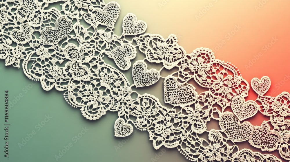 Poster delicate lace overlay featuring intricate heart-shaped patterns on a soft pastel background in a ser