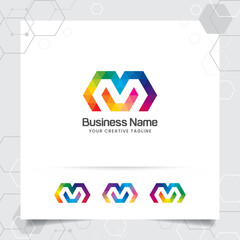 Digital logo letter M design vector with modern colorful pixel icon for technology, software, studio, app, and business.