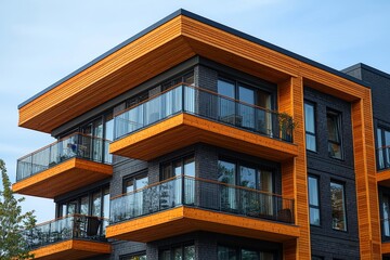 Obraz premium An up-close look at the engineered timber structural elements in a sustainable, multi-story green residential high-rise building project