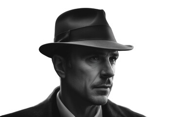 Old fashioned detective or mafia in hat on dark background, black and white color