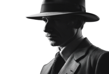 Old fashioned detective or mafia in hat on dark background, black and white color